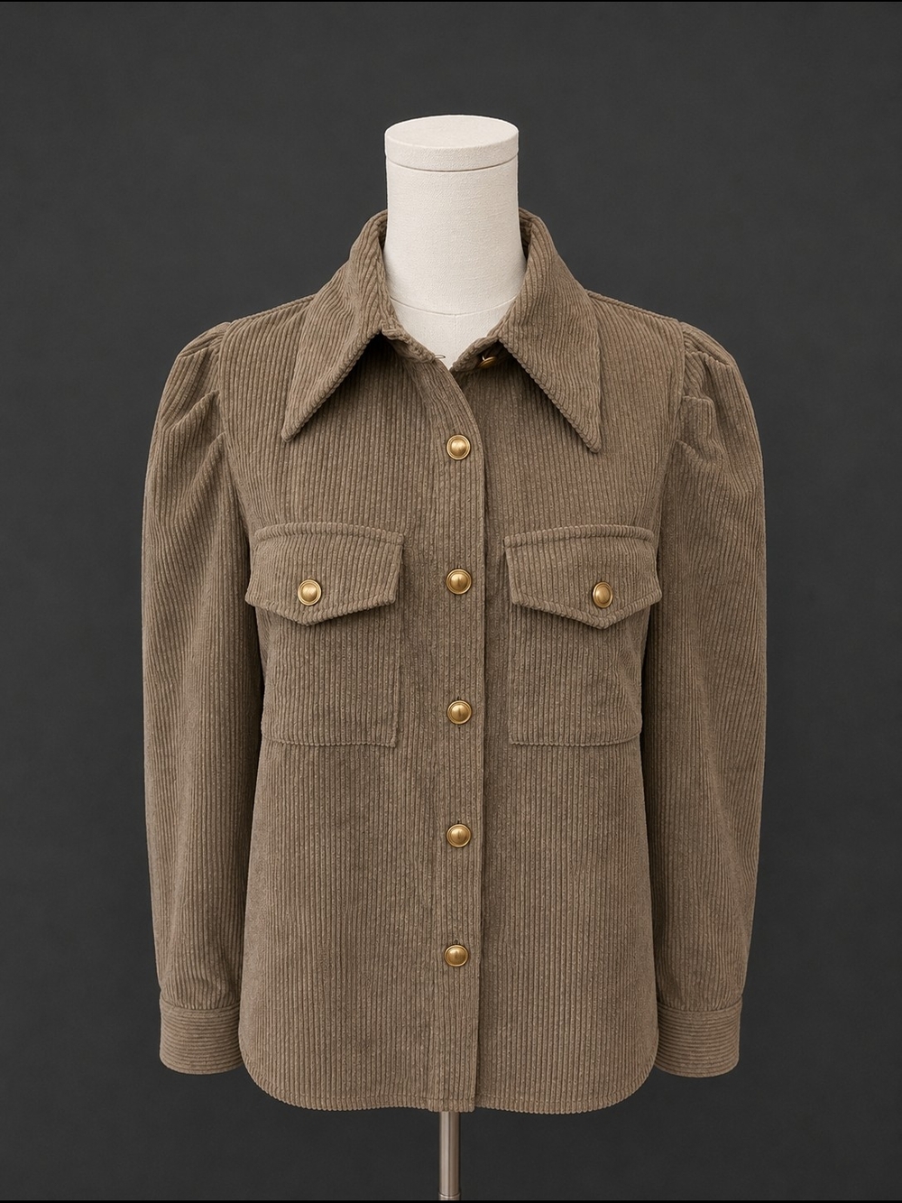 Women's Corduroy Utility Jacket with Gold Buttons and Ruffled Shoulders- Taupe